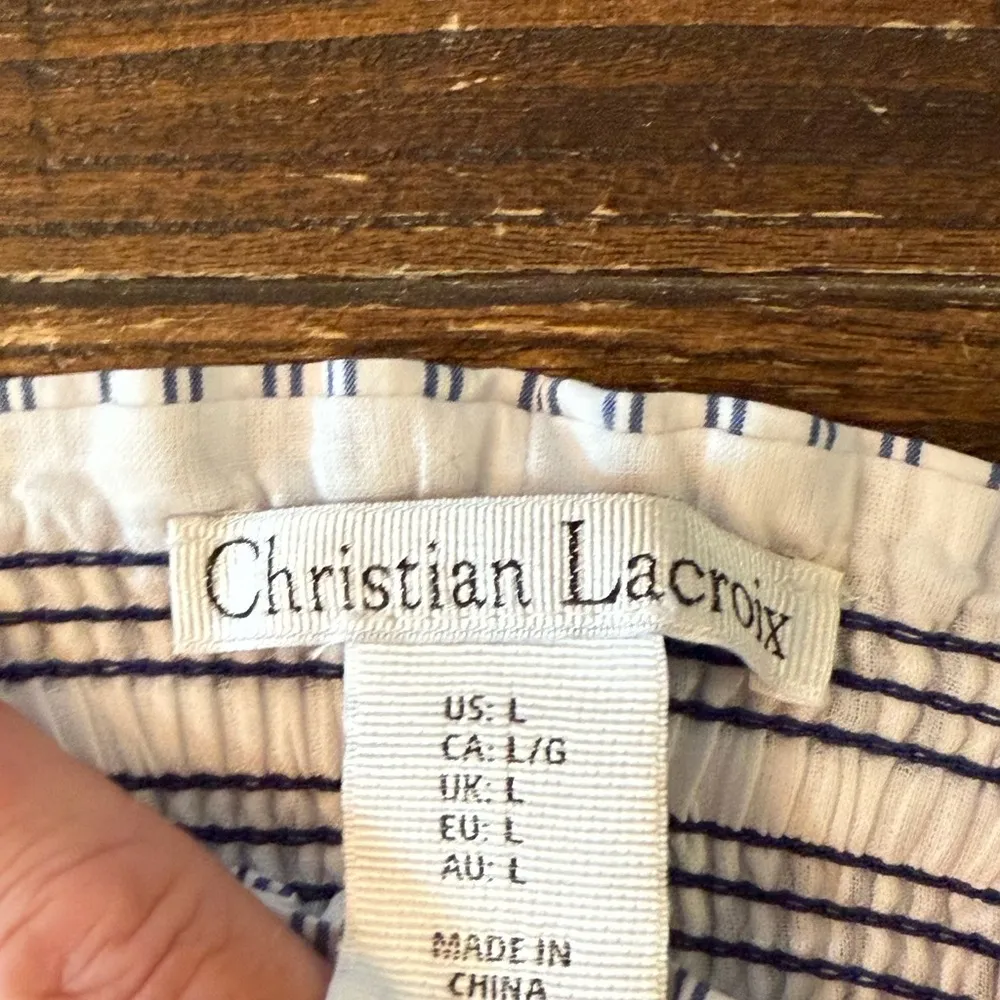 Christian Lacroix Smocked Tube Top Navy Blue White Size Large Designer Strapless - Image 4