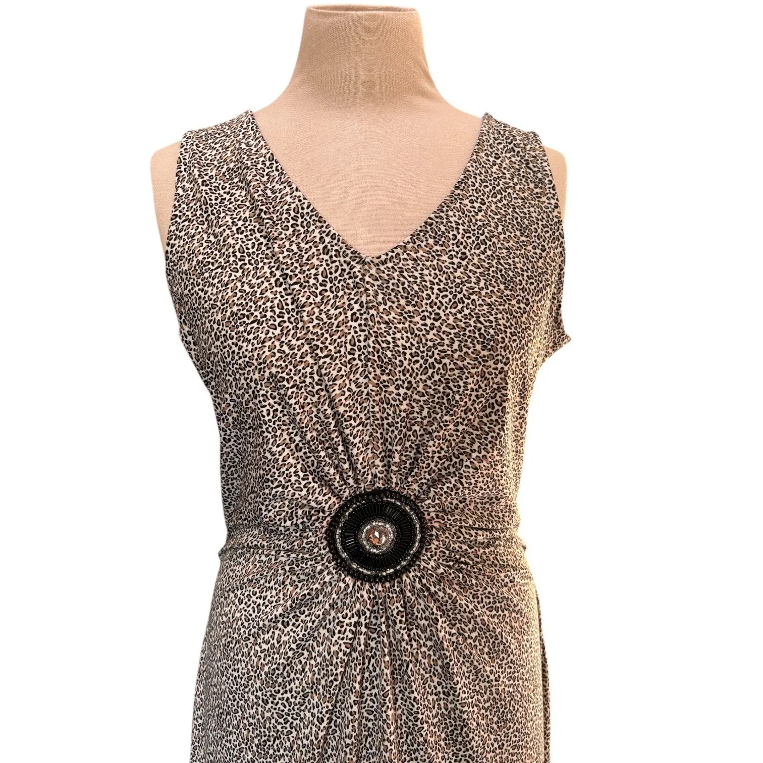 Womans Leopard Animal Print V Neck Sleeveless Maxi Dress Embellished Waist Sz M Black Size M - Image 3