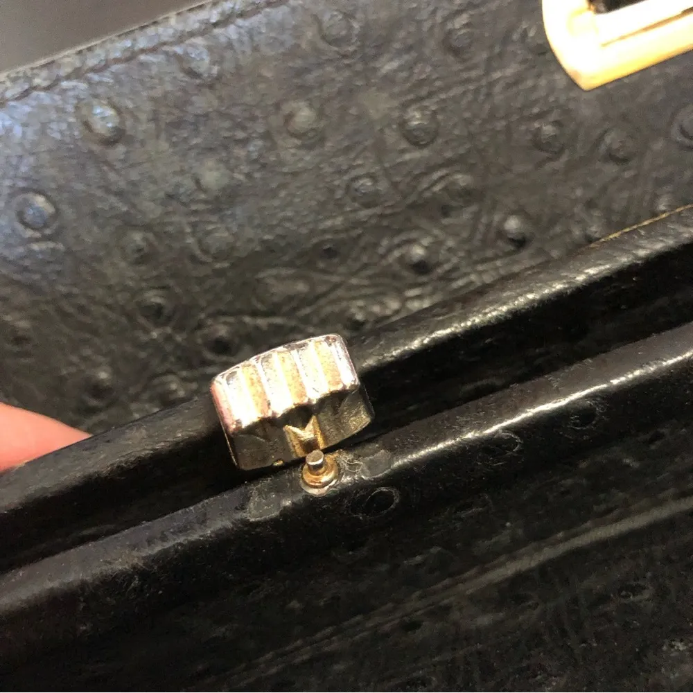 Vintage 60s Ostrich Leather Top Handle Bag Parisian Medicine Bag Purse Black - Image 16