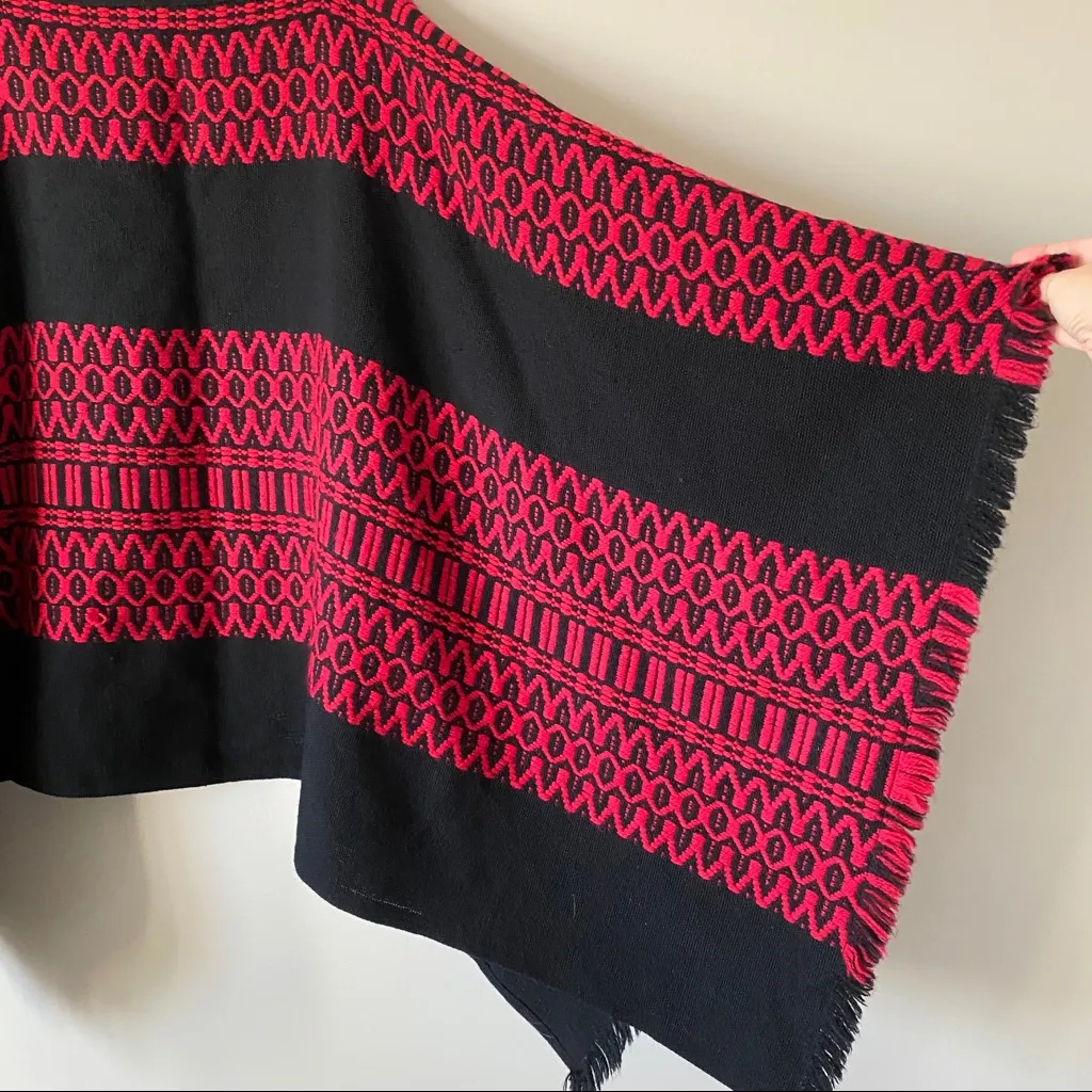 Blanket Poncho Knit Southwestern Boho Style Black and Red Fringe OS Size undefined - Image 2