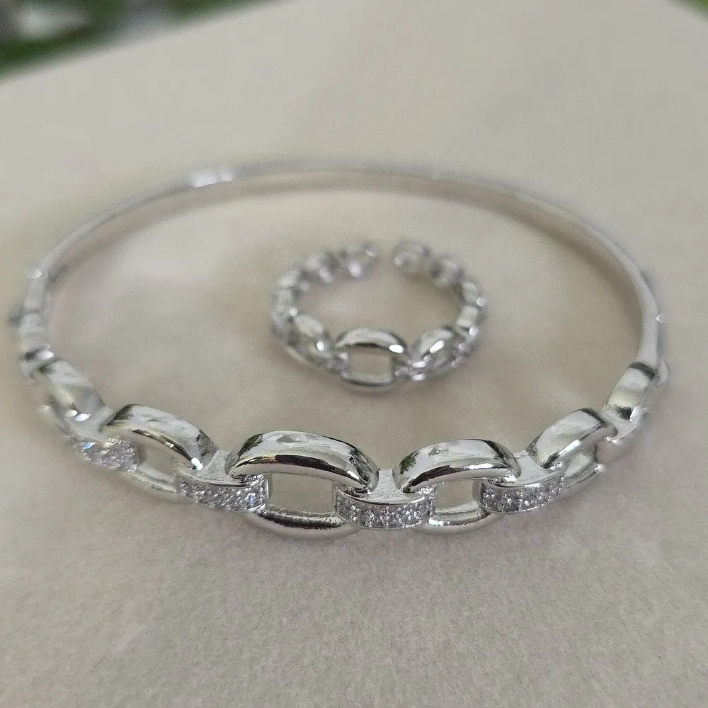 White Gold Filled Chain Link Clamper Bangle Bracelet Adjustable Ring Set Silver - Image 2
