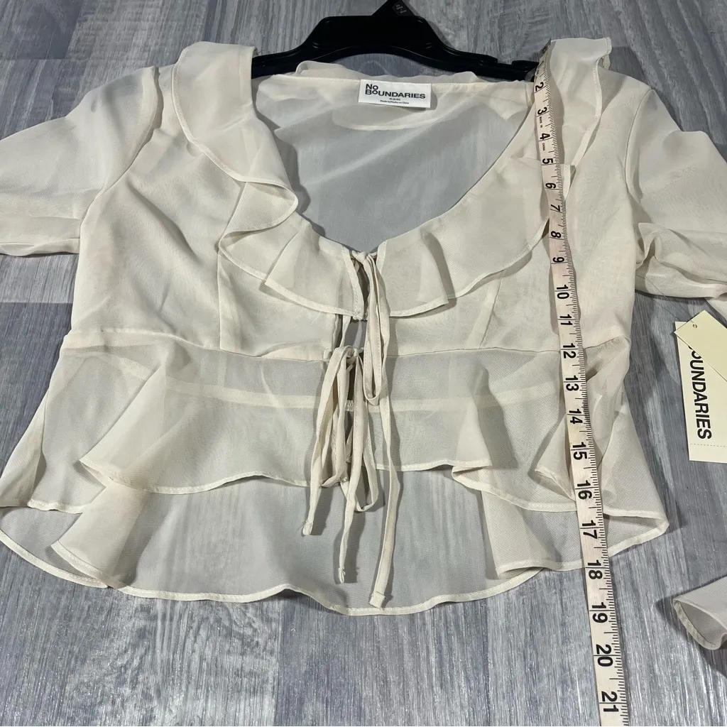 No Boundaries Ivory Ruffle Tie-Front Crop Top  Blouse; Medium, NEW - Image 9