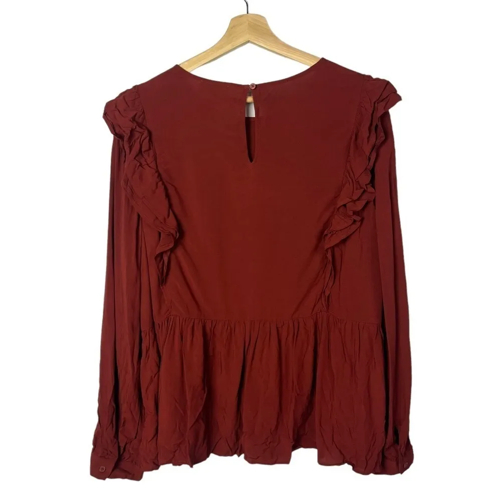Ann Taylor LOFT Red Currant Ruffle Flounce Long Sleeve Peplum Blouse L - Image 2