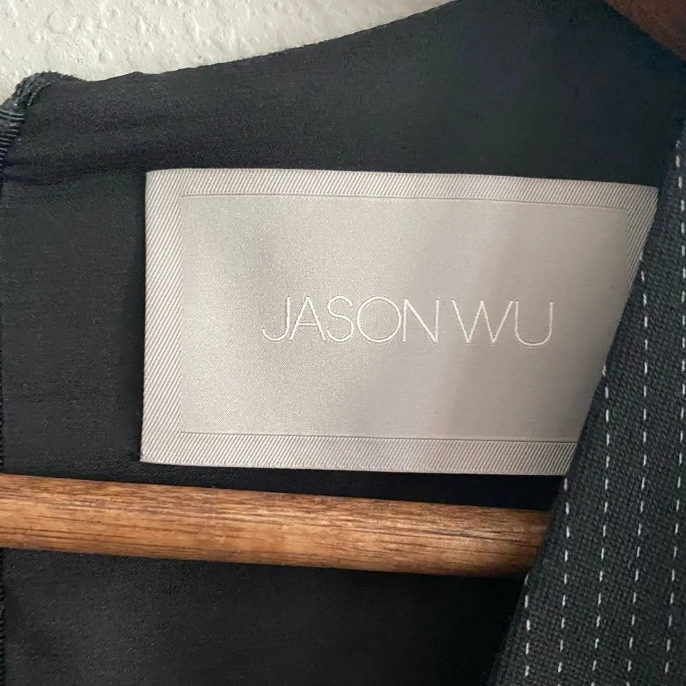 Jason Wu V Neck Peplum Dashed Pinstripe Mid Length Dress in Black size 6 Office - Image 8