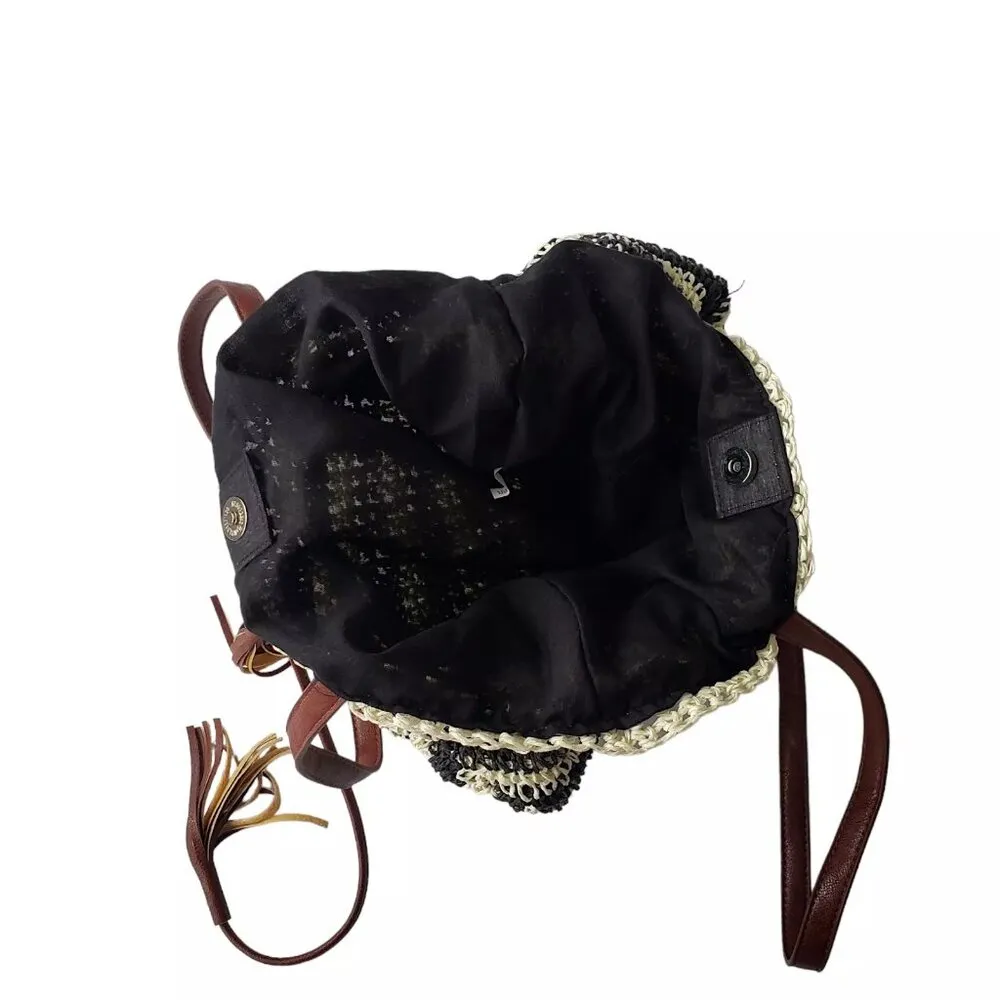 Nora Everyday Striped Drawstring 100% Paper Shoulder Bag Boho Beachy Summer Black - Image 7