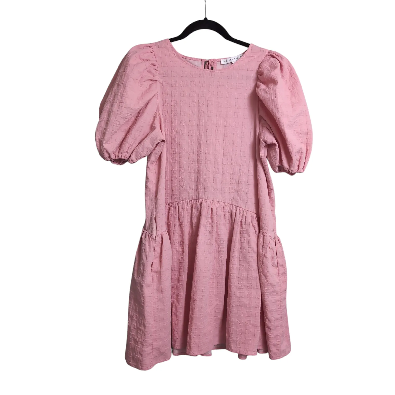 English Factory Penelope Mini Dress Pink Puff Sleeve Tie Back Textured Size S - Image 2