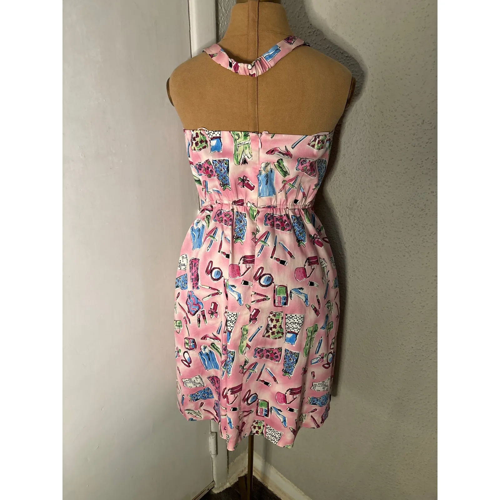 Danny & Nicole Pink Graphic Halter Print Dress 4P Petite Preppy Rockabilly Twee - Image 2