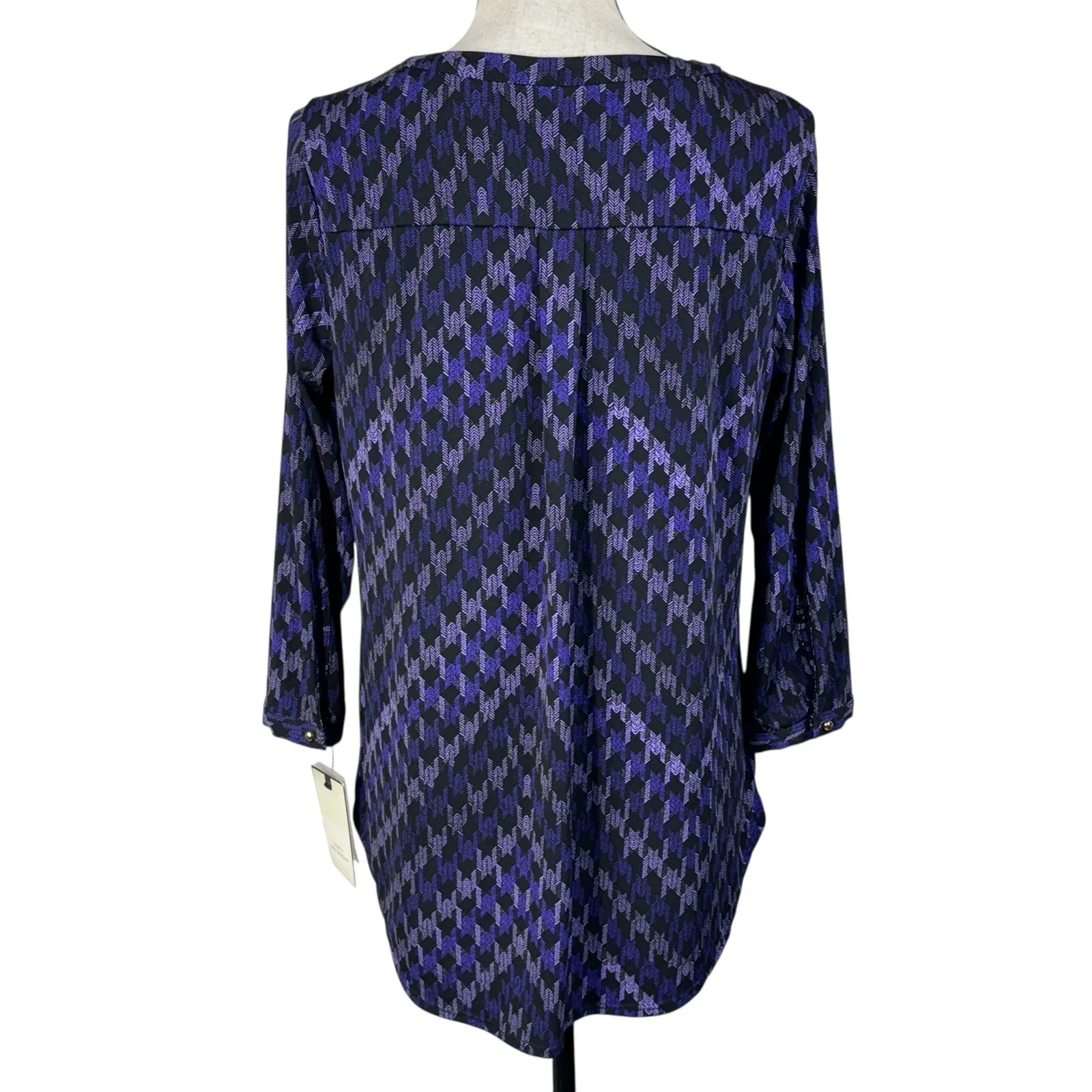 Dana Buchman Large Top Herringbone Stretch 3/4 Sleeve V-Neck Hi-Low Hem Purple - Image 5