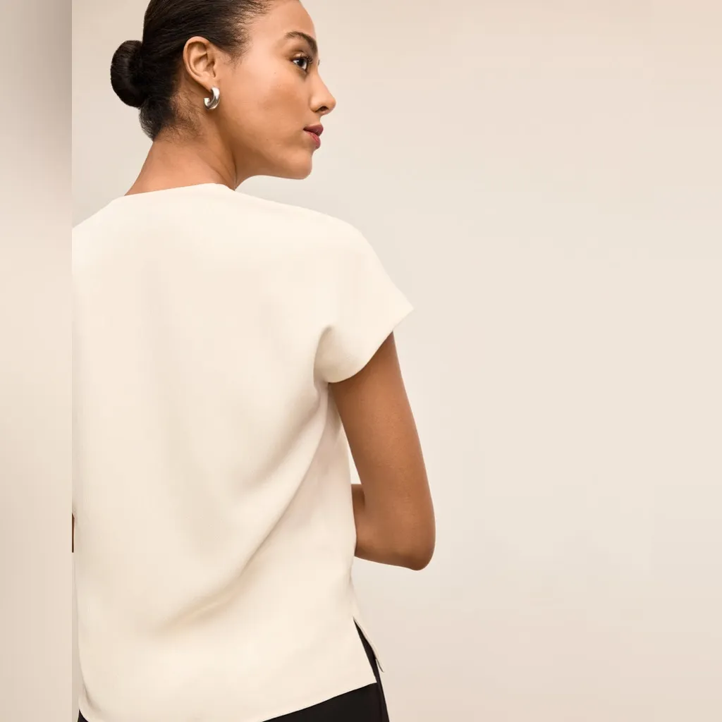 MM LAFLEUR Antonia Draped Front Short Sleeve Top Eco Soft Weave Ivory Sz Small - Image 2