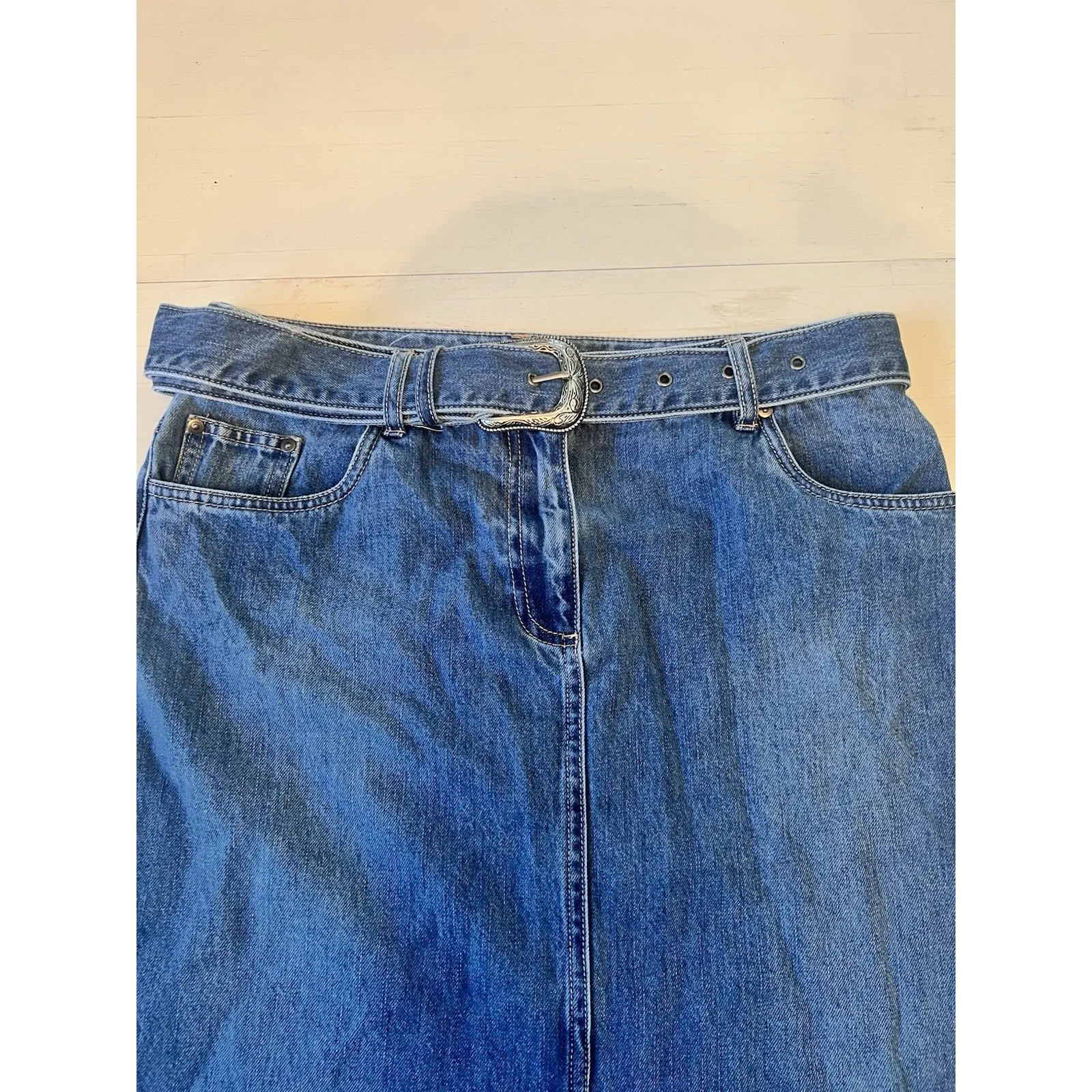 House‎ of Harlow 1960 Woman's 10 Denim Maxi Skirt W/ Matching Belt Western Blue - Image 3