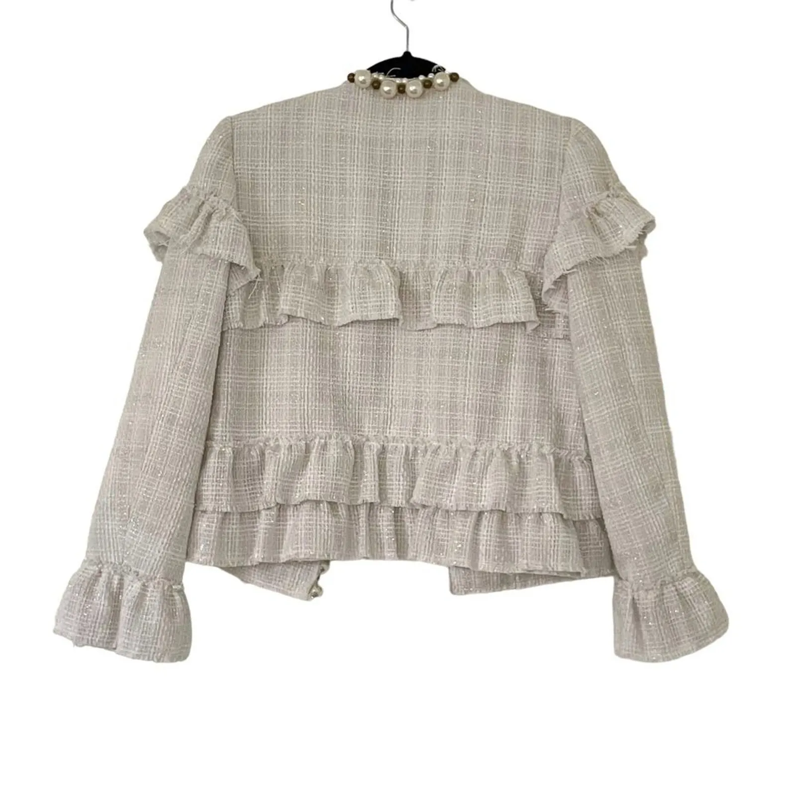 PatBO Pearl Beaded Jacket Tweed Ruffle Cream Off White Embellished Blazer Size S - Image 4