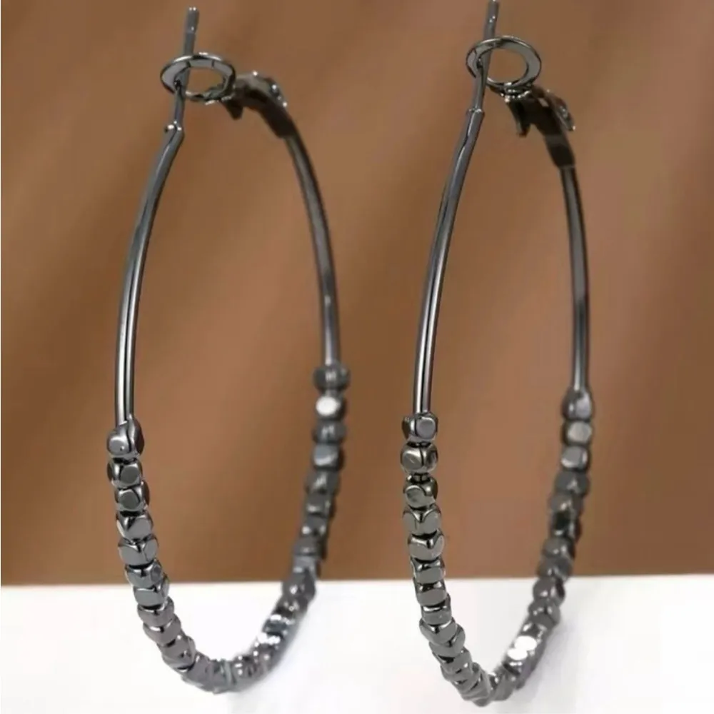 Gun Metal Beads Hoop Earrings Black - Image 2
