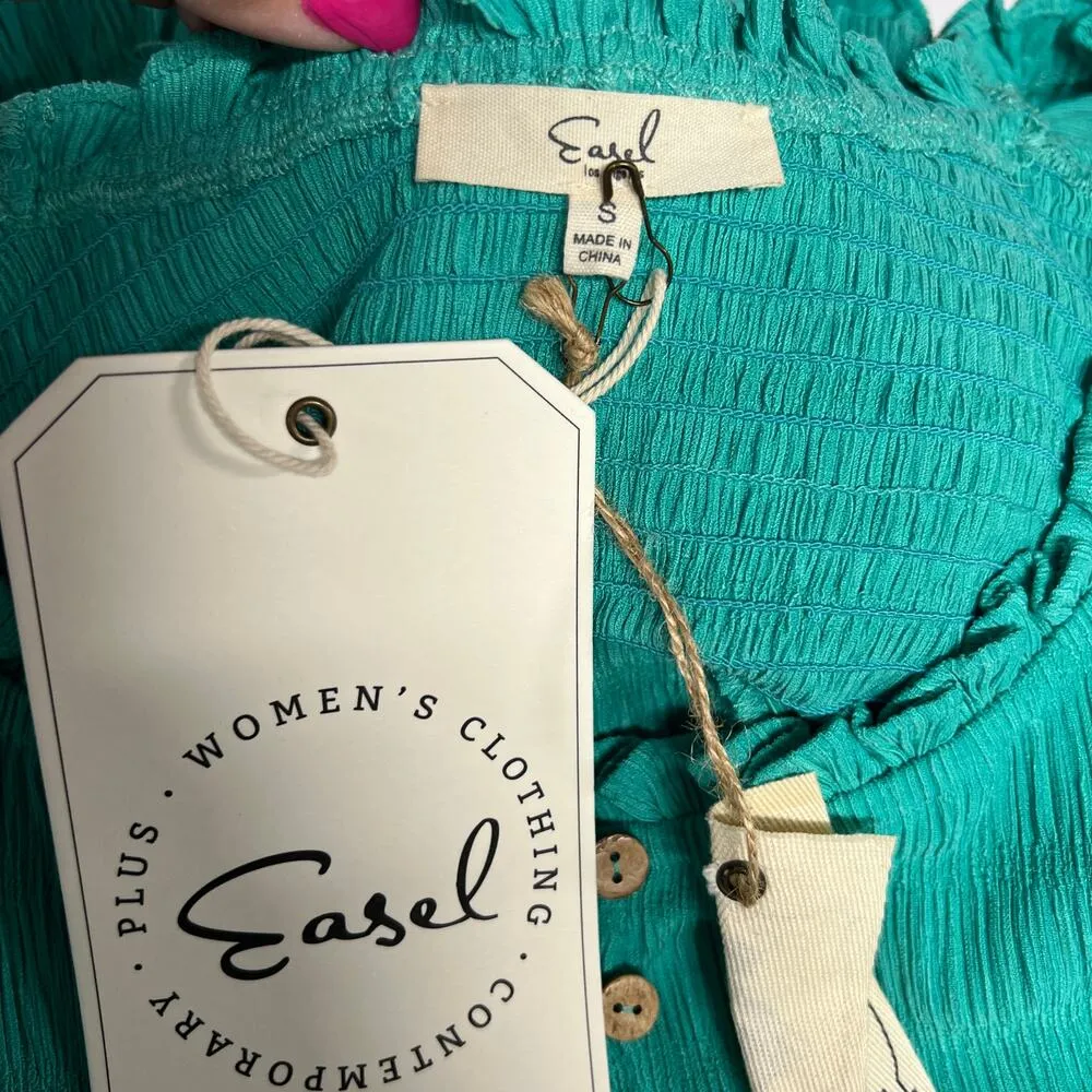 Easel Puff Sleeve Tiered Mini Babydoll Dress Green Small Flowy Romantic Boho NWT - Image 5