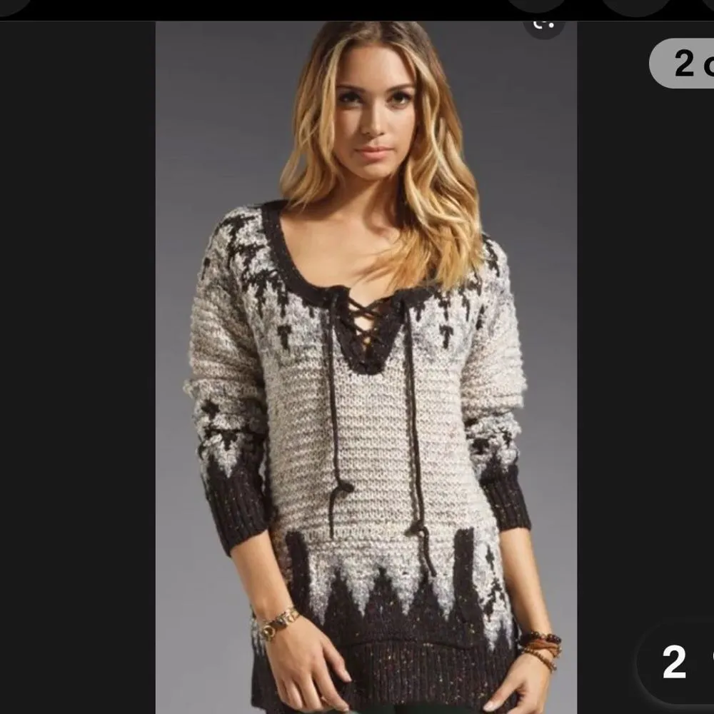 Free People Love Bug‎ Lace Up Womens Size Small Nordic Fair Isle Wool Bl Sweater - Image 3