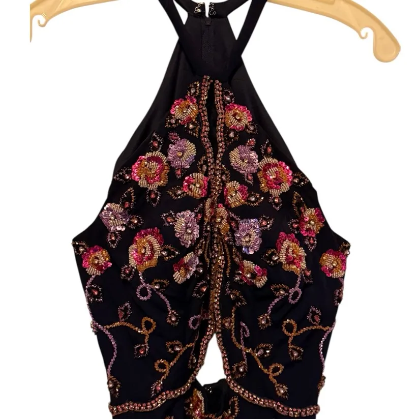 Designer Navy Beaded Thick Mini Dress Blue Size XS - Image 2