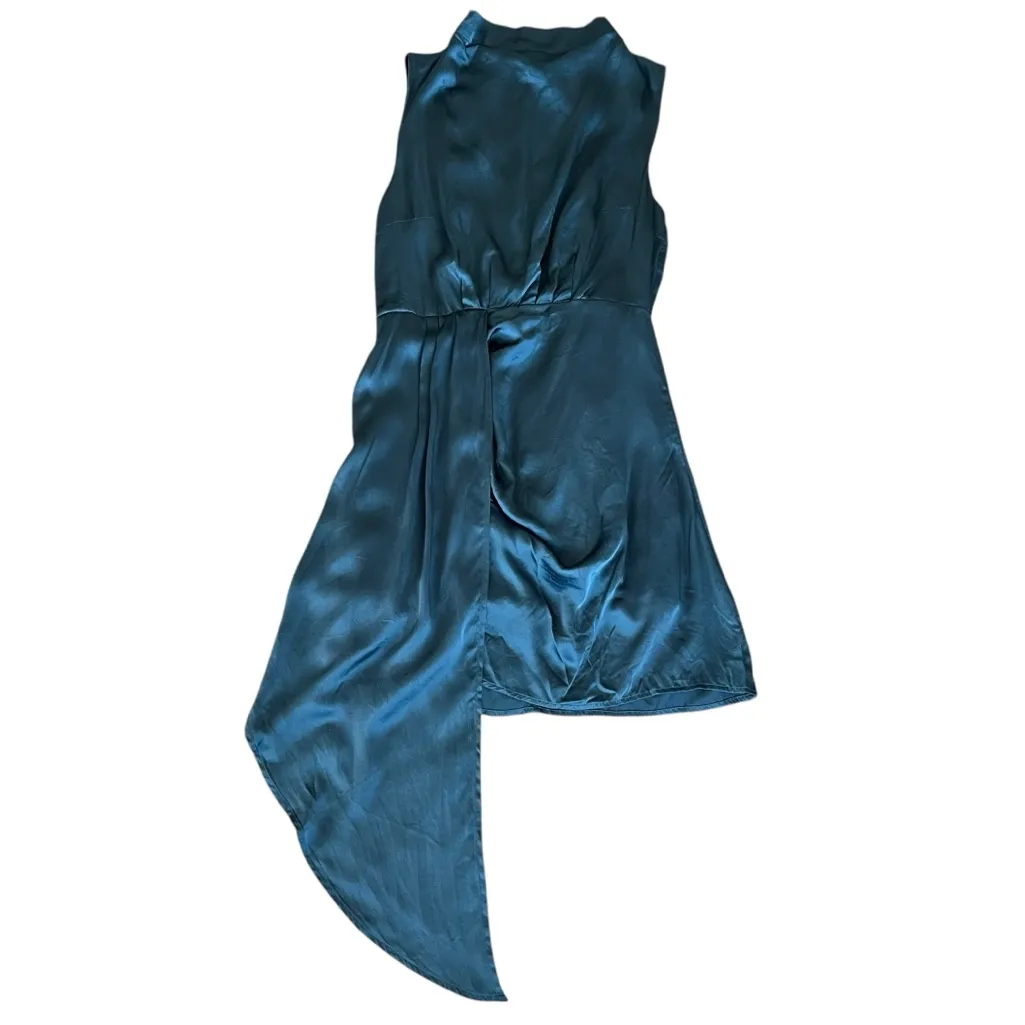 By Anthropologie Maeve Women’s Mock-Neck Draped Silk Teal Asymmetric Hem Dress 4 - Image 2