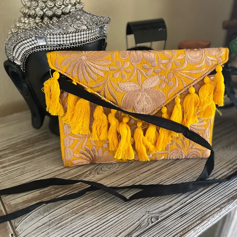 NEW Embroidery Purse Boho Floral Purse Clutch Envelope Bag Tassel Yellow - Image 10