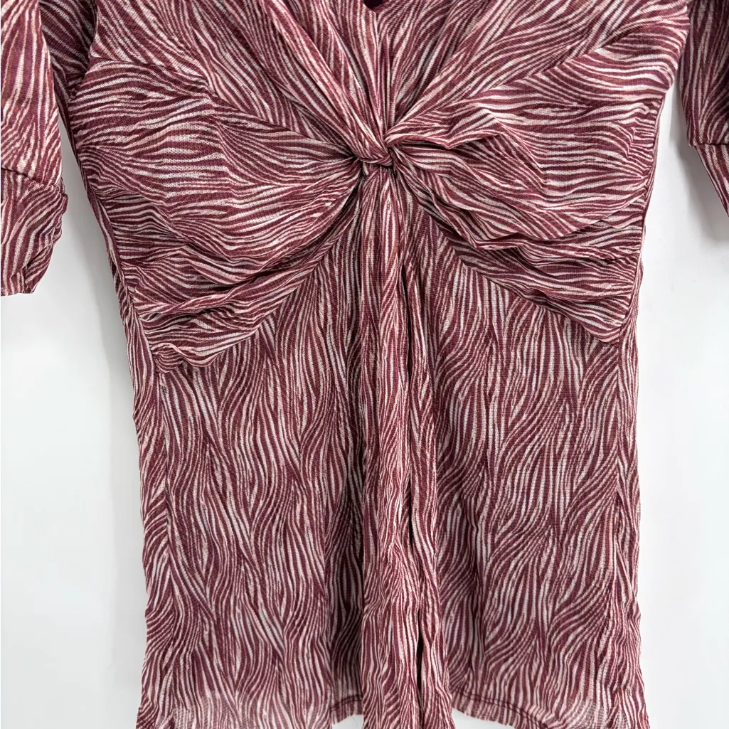 Y2K Twist Front Deep 2000s retro V Blouse Zebra Print Maroon Puff Sleeve Top xs Red - Image 3