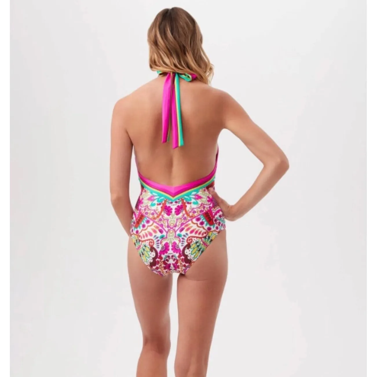 Trina Turk Multicolor Paisley Plunge Halter One Piece Swimsuit - Size 14 NEW - Image 2