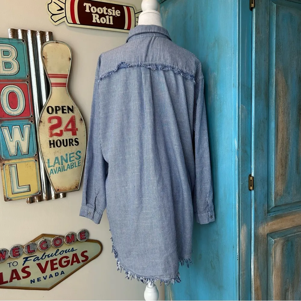 Umgee Blue and White Striped Button Down Blouse - Image 3