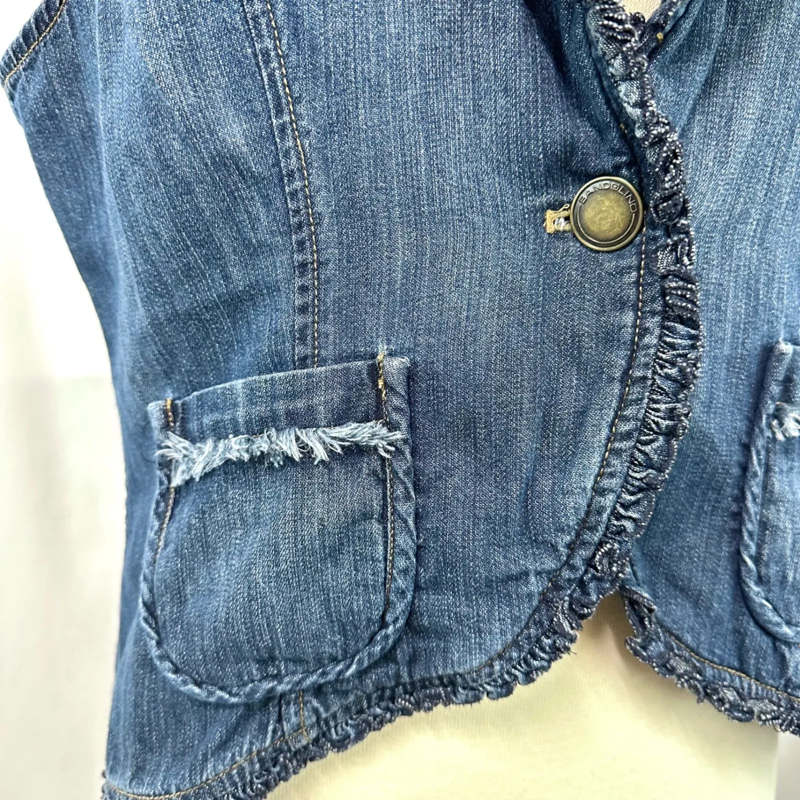 BANDOLINO Y2K 2000s Blue Denim Fitted Cropped Blazer Jacket Puff Sleeve Women 12 - Image 4