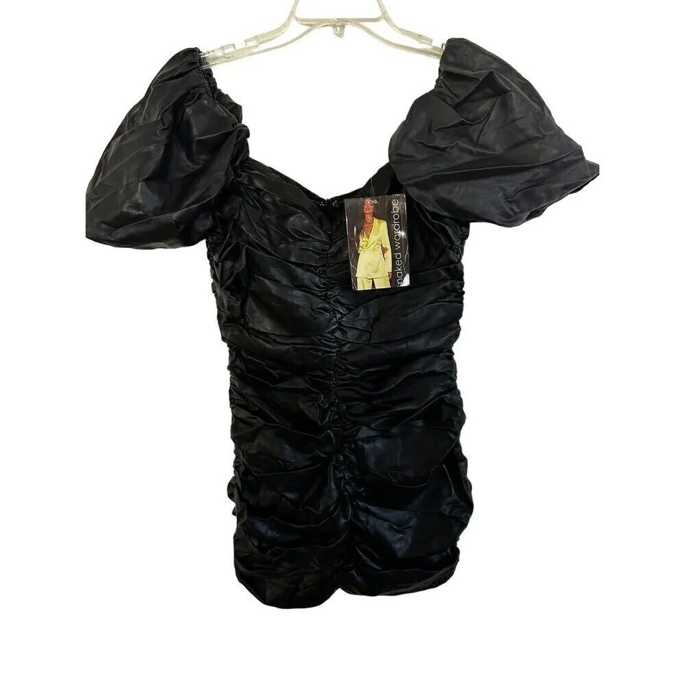 NWT Naked Wardrobe Runway Collection Faux Leather Ruched Mini Dress Medium - Image 5