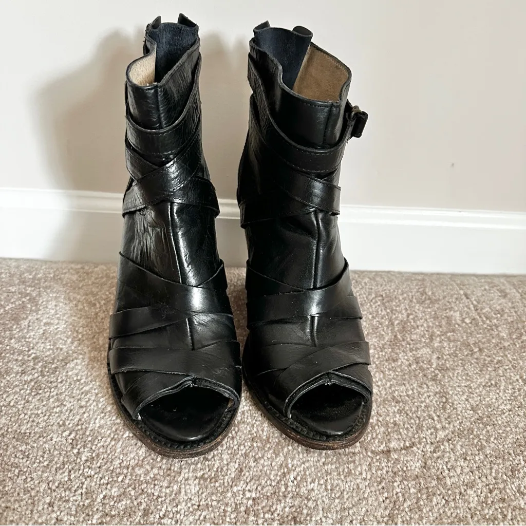 Freebird by Steven Joker Black Leather Heeled Booties Peeptoe Strappy - Image 5