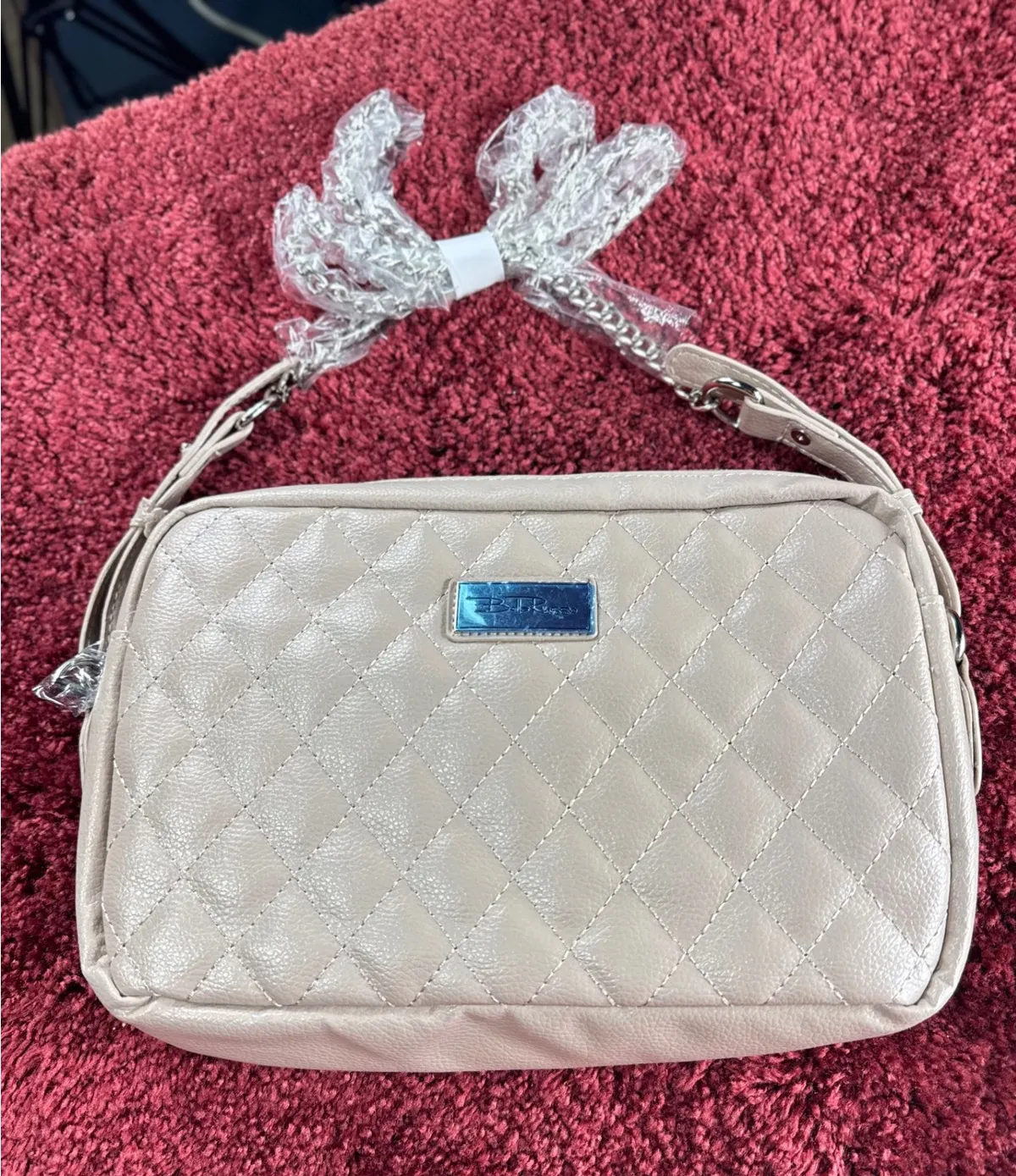 Bella Russo Quilted Crossbody Bag Chain Strap Neutral Beige Purse Tan - Image 1