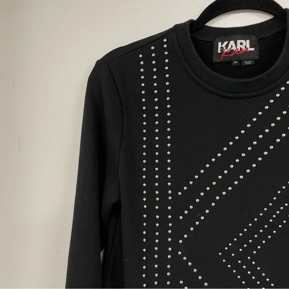 Karl Lagerfeld Black Crew Neck Sweatshirt Silver Studded Womens XS Luxury Top - Image 3