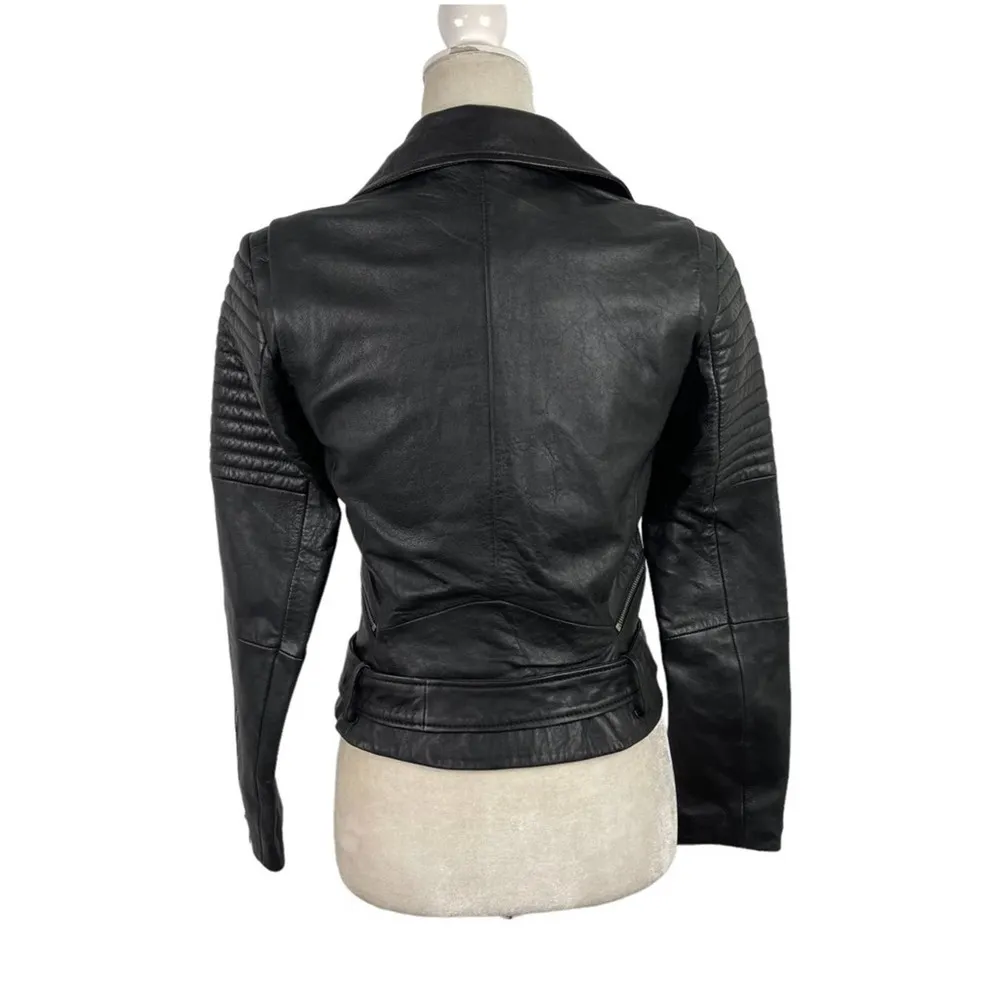 Zara Black Quilted Genuine Sheep Leather Cropped Moto Biker Blogger Jacket XS - Image 12