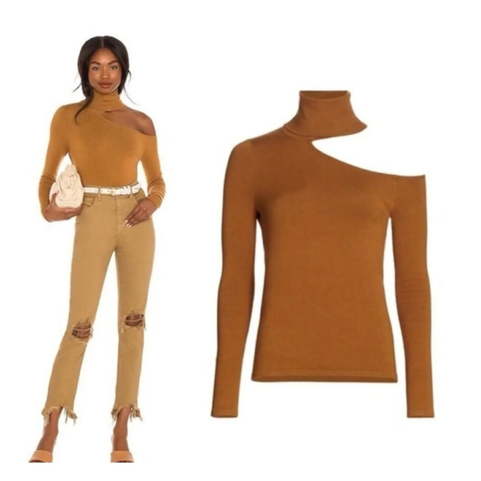 NWT L’AGENCE Nicky Cold Shoulder Fitted Turtleneck Sweater S Tan - Image 7