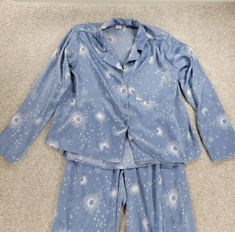 BP Celestial Pajamas Set Womens XS Blue White Sun Stars Moon Pants Button Top - Image 11