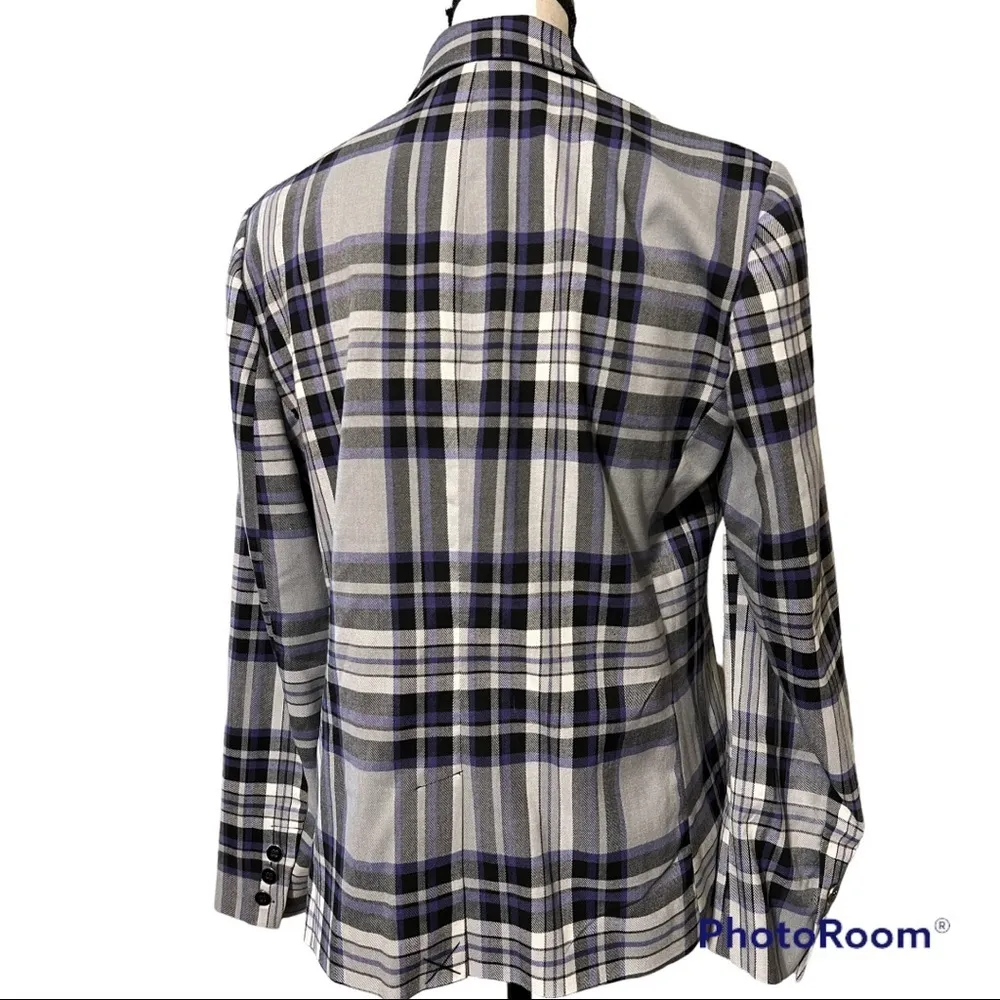 NY&C size 10 one button blazer plaid print shoulder pads 3 buttons on arm NWT Purple - Image 9