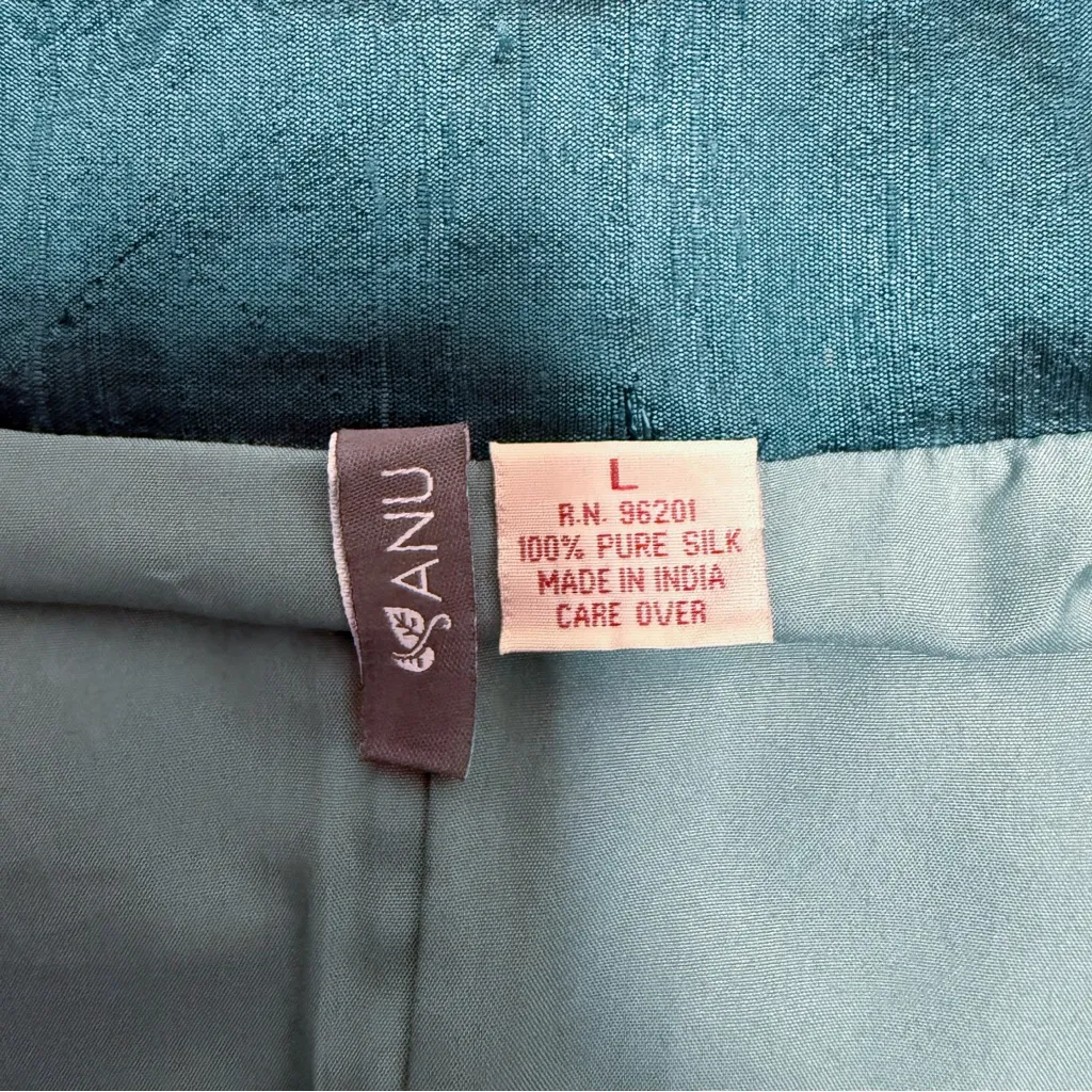 Anu Teal Dupioni Silk Embroidered 3/4 Turn Up Cuff Sleeve Open Jacket Large Blue - Image 9