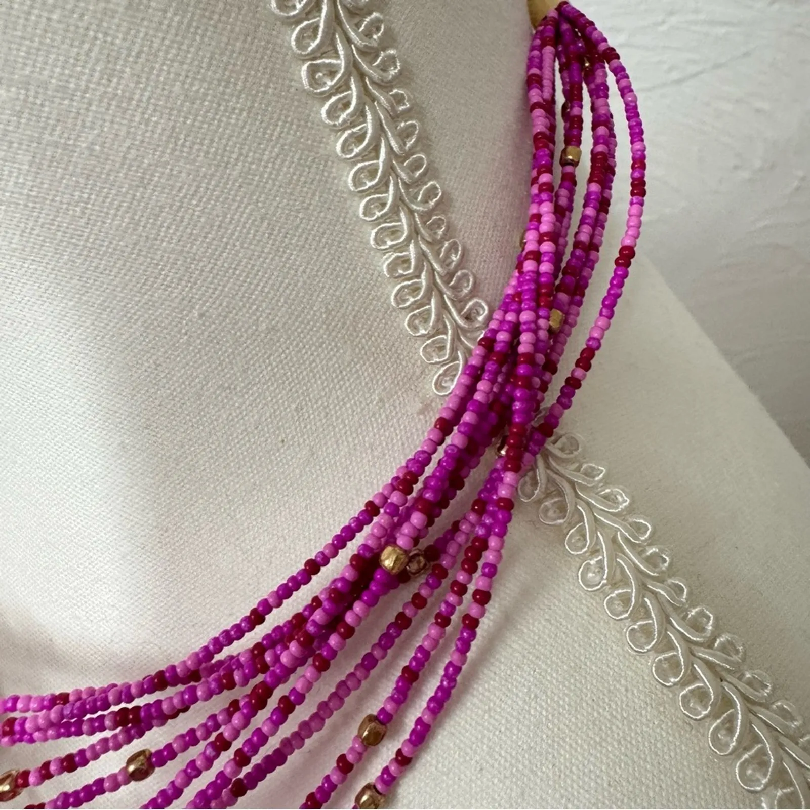 Magenta Pink Beaded Multi Strand Necklace Womens Jewelry Statement Bold Bright - Image 3