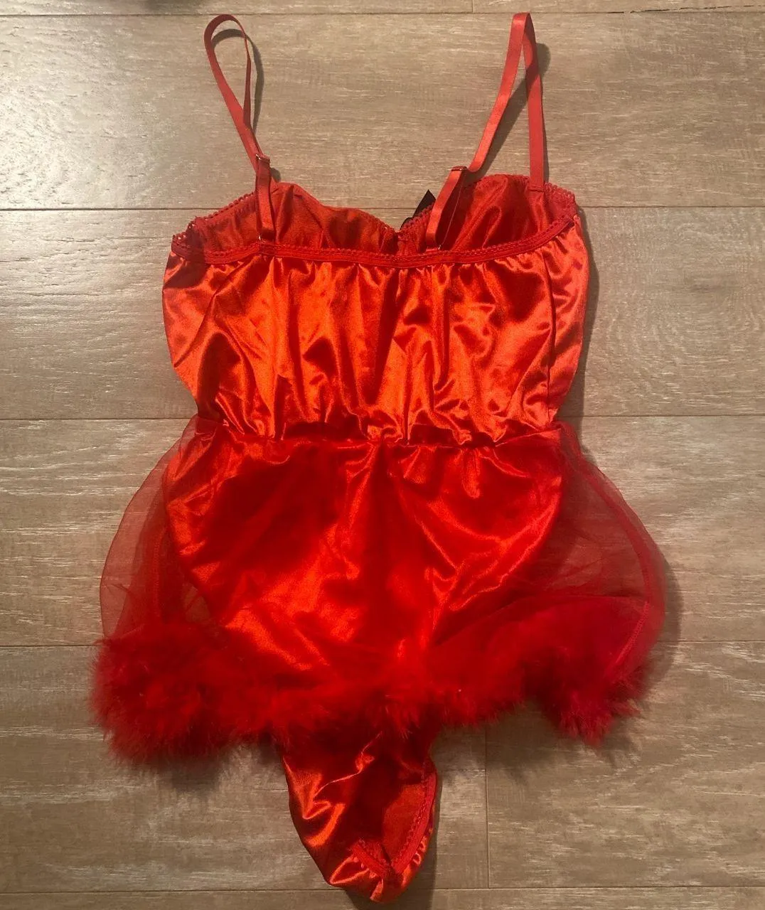 Little red riding Devil lace up corset bodysuit sheer feather skirt bra lingerie set S NEW - Image 4