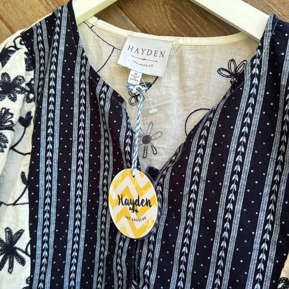 Hayden navy blue and ivory cream foral embroidered baby doll dress size medium - Image 4