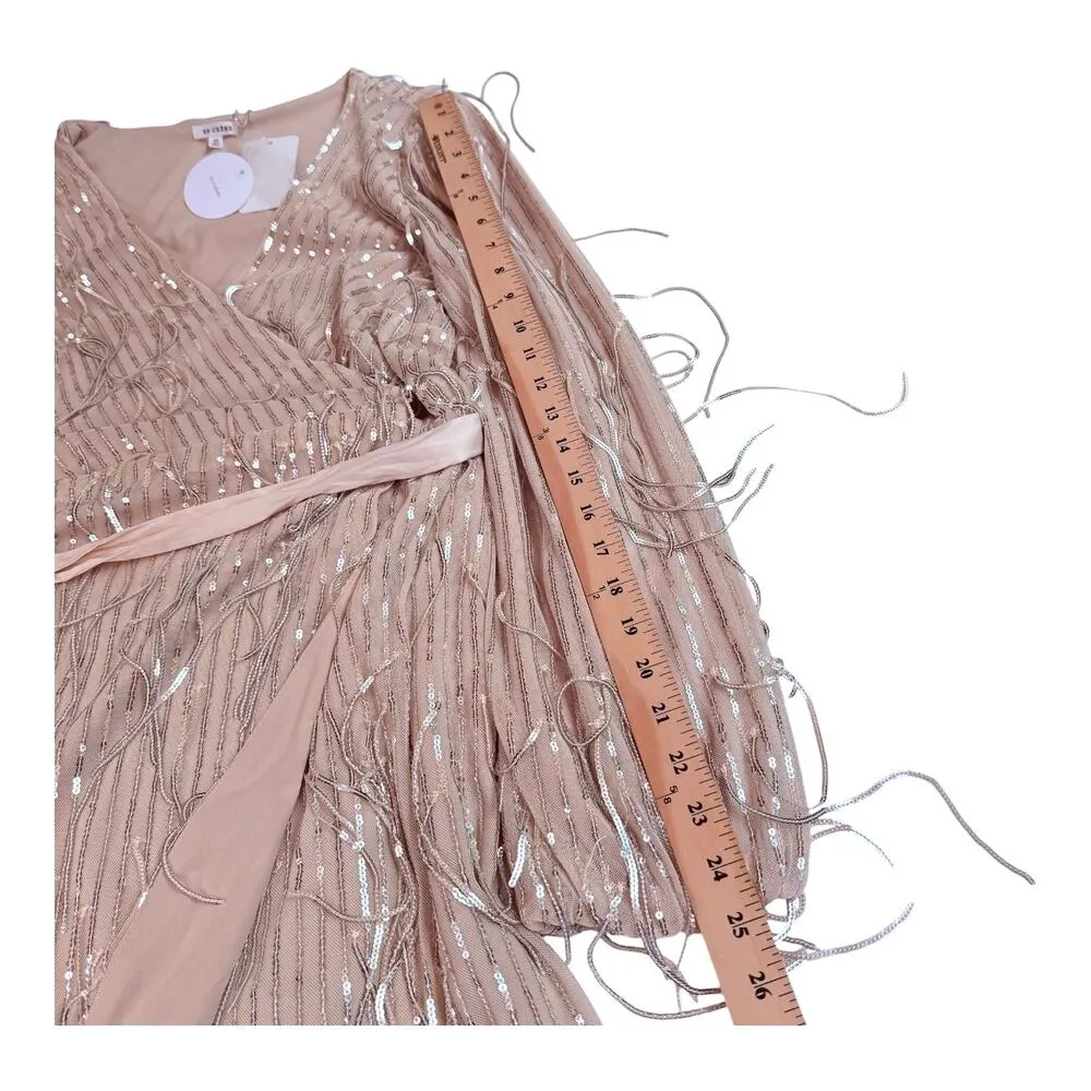 NEW En Creme Mini Robe WRAP DRESS & BELT Silver Sequin Fringe Women's MED Nude - Image 11