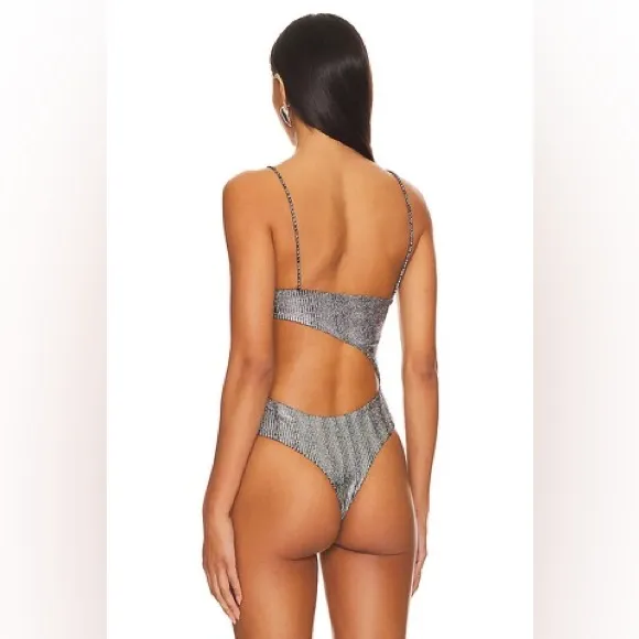 Superdown Tahlia Cut Out Bodysuit Size Small Silver Metallic NWT - Image 4