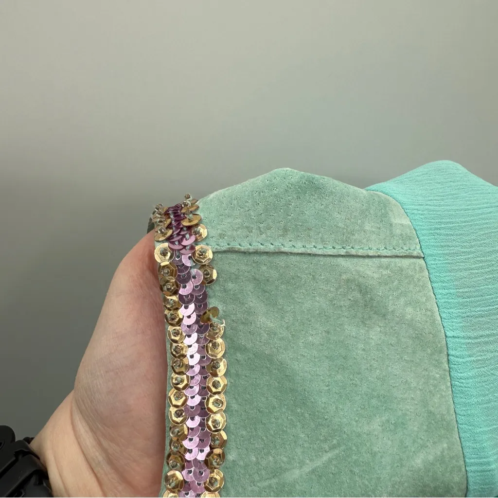 Vintage Wilson's Leather Blue Suede Boho Western Sequin Kimono Sleeve Top Sz XL - Image 14