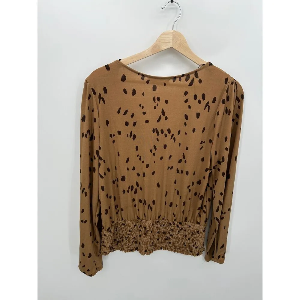 Heatherly Top Women XL Brown Black Polka Dot Cinch Waist Stretch Blouse V Neck - Image 2