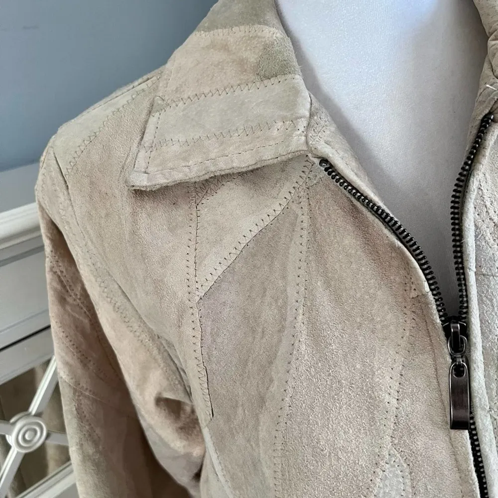 Vintage leather suede cream patchwork jacket zip up Large - Image 2