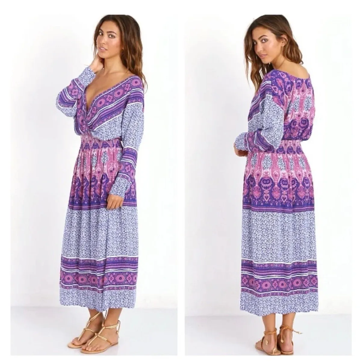 Free People She's a Lady Reversible Midi Dress XS Purple Tribal Mix Print Boho - Image 3