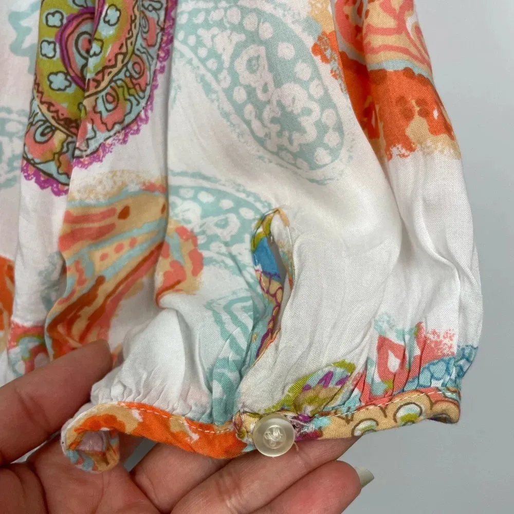 Esprit Multicolored Ruffle Collar Paisley Boho Flowy‎ Button Up Blouse - Image 5