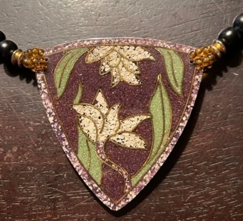 Vintage Black Beaded Necklace with Triangular Handpainted Floral Pendant - Image 3