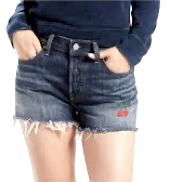 Levi's 501 Cut Off Jean Shorts Button Fly Cherry Embroidery Raw Hem Size 25 - Image 2