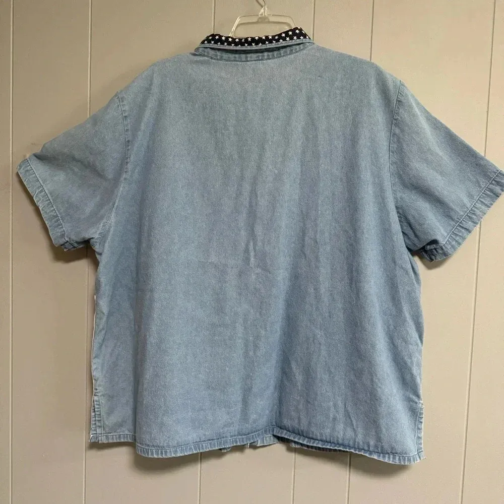 Patriotic USA Patches Embroidered Embellished Red White Blue Denim Shirt Size 3X - Image 2