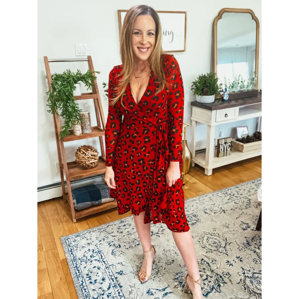 CAbi Siren Wrap Midi Dress Small Red Leopard Animal Print Long Sleeves Chic - Image 3