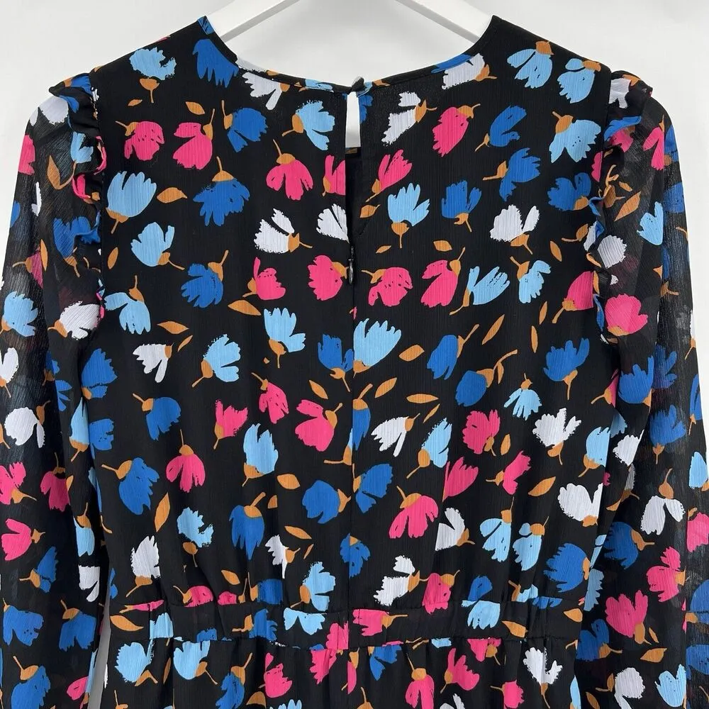 J. Crew‎ Crinkle Ruffle Tiered Midi Dress Black Floral Print 3/4 Sleeves Size 0 - Image 6