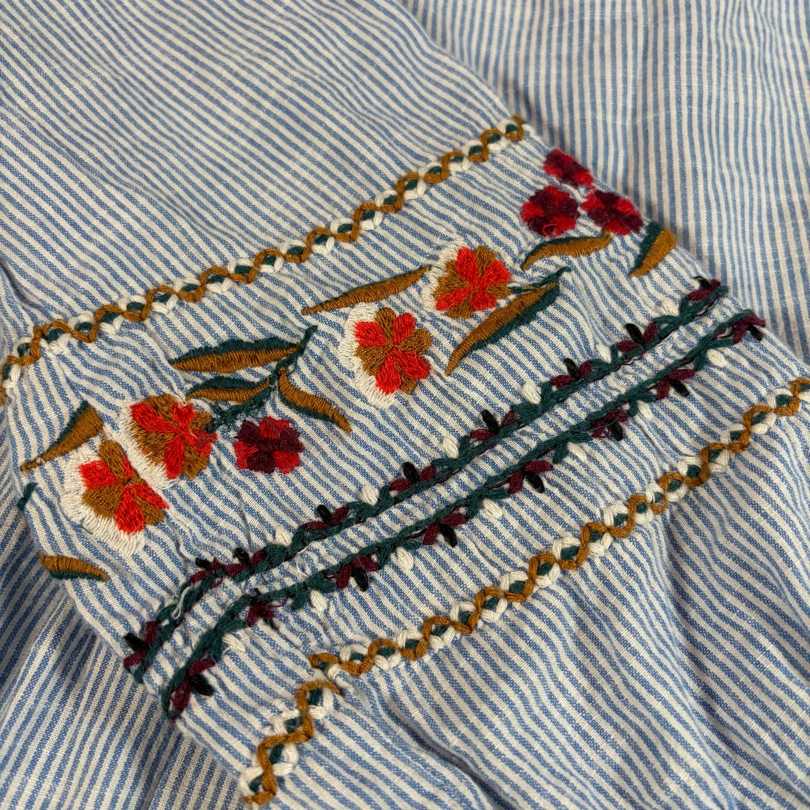 Zara trf collection womens blue white stripe 3/4 sleeve dress embroider floral S - Image 3